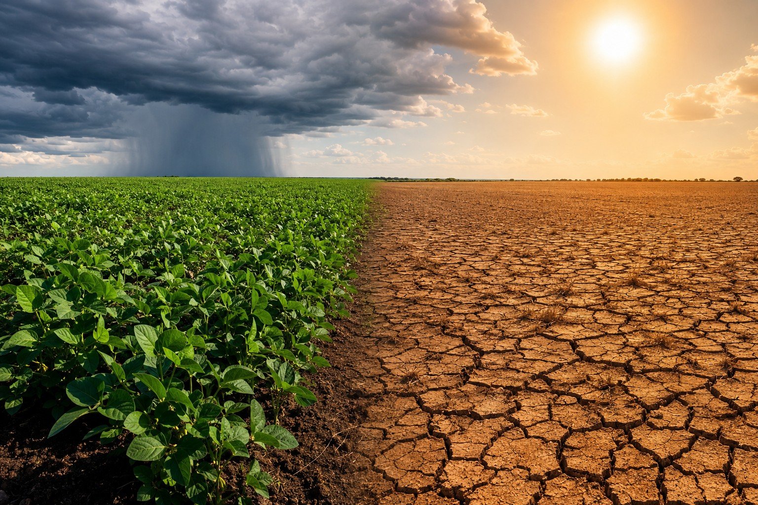 Divisão climática mostrando solo seco de um lado e nuvens de chuva sobre plantação saudável do outro, ilustrando os efeitos contrastantes do clima no Brasil.
